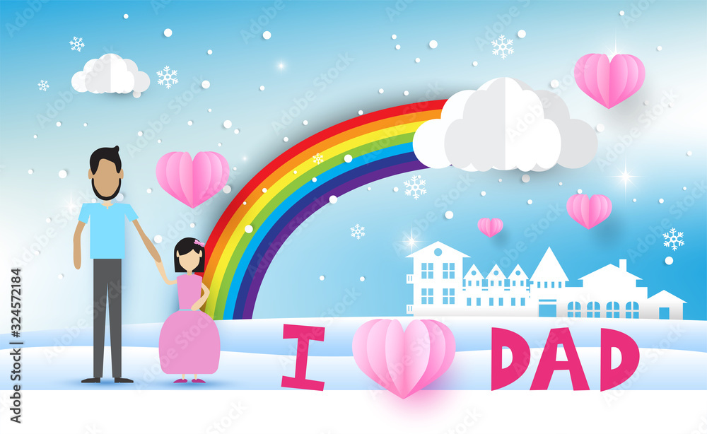 Happy Father's Day,heart in the sky, i love dad,  paper art style and beautiful rainbow