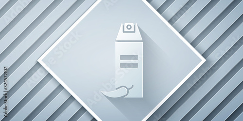 Paper cut Pepper spray icon isolated on grey background. OC gas. Capsicum self defense aerosol. Paper art style. Vector Illustration