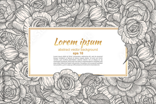 Card with flowers of roses. Floral pattern and place for text insertion. Greeting card or wedding invitation. vector illustration.