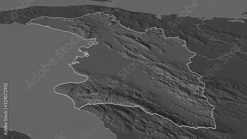 L'Artibonite, department with its capital, zoomed and extruded on the bilevel map of Haiti in the conformal Stereographic projection. Animation 3D photo