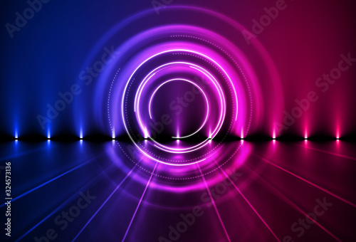 Fototapeta Naklejka Na Ścianę i Meble -  Dark abstract futuristic background. The geometric shape of the cyber circle in the middle of the scene. Neon blue-pink rays of light on a dark background