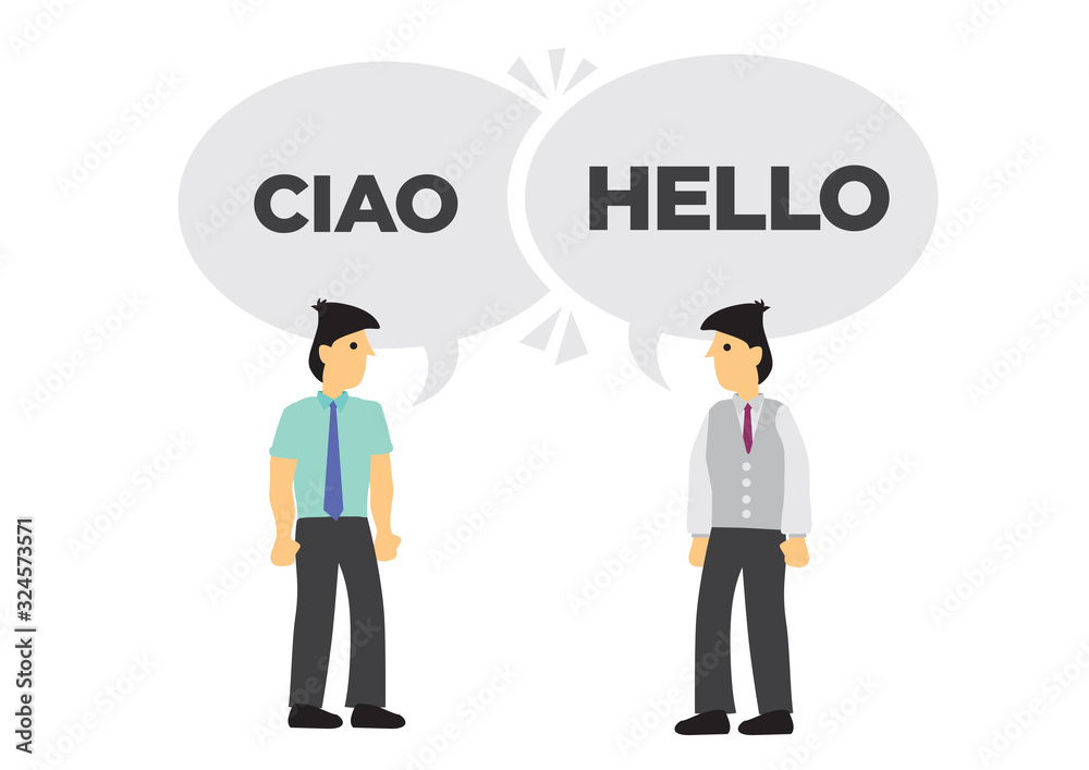 Two businessmen communicate in different languages. Concept of international business or corporate collaboration. English and Italian. Two businessmen communicate in different languages. Concept of international business or corporate collaboration. English and Italian.