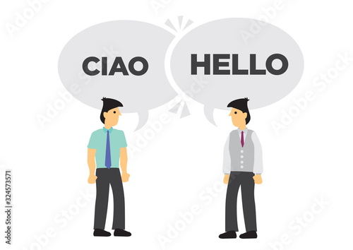 Two businessmen communicate in different languages. Concept of international business or corporate collaboration. English and Italian.