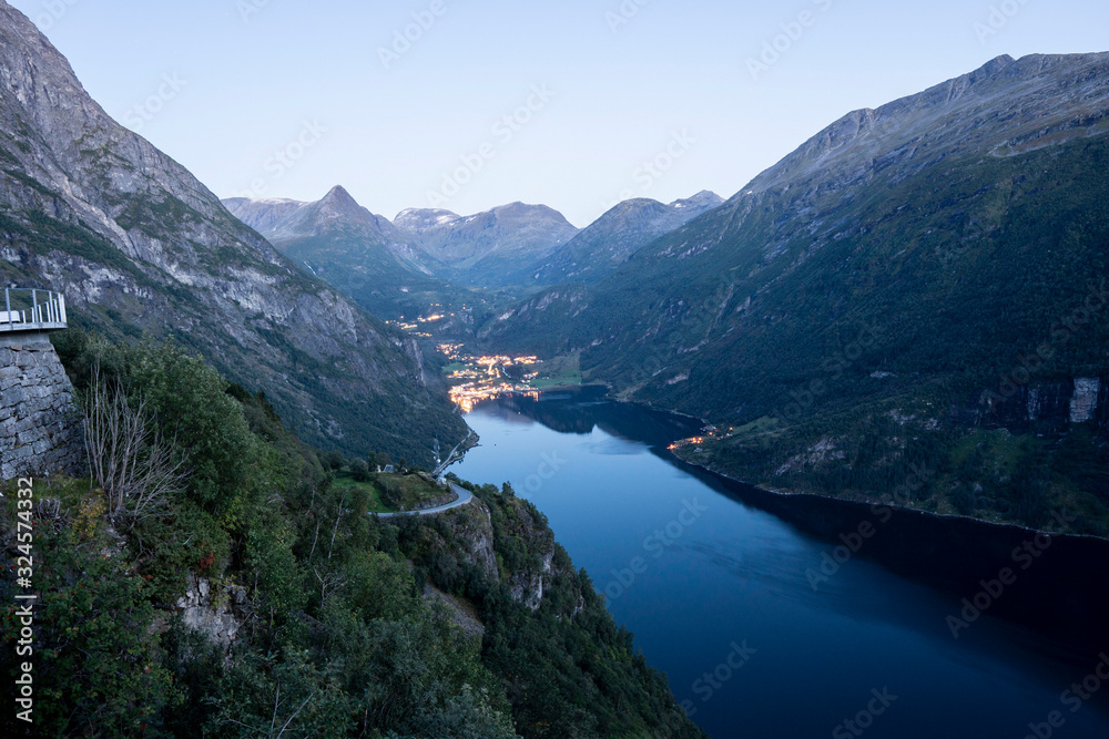 view down to fjord Geiranger and evening