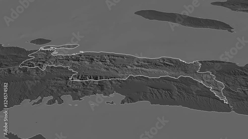 Nippes, department with its capital, zoomed and extruded on the bilevel map of Haiti in the conformal Stereographic projection. Animation 3D photo