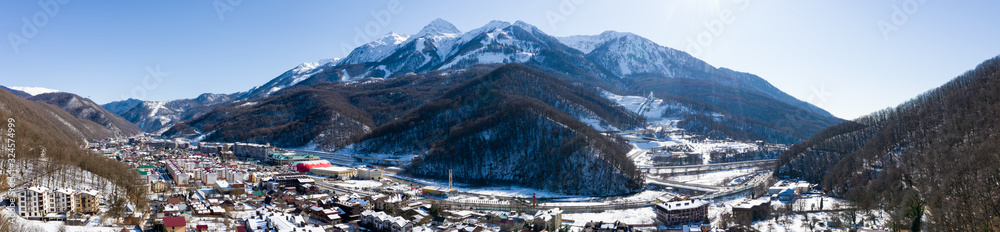Panorama of Red Polyana. Sochi. Ski resort. Rosa Khutor. Esto Sadok.