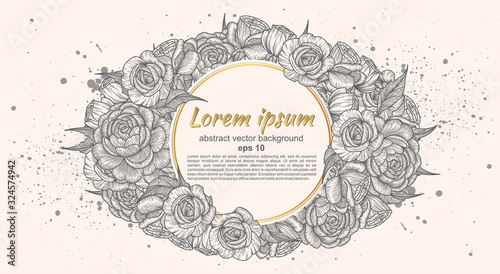 Card with flowers of roses. Floral pattern and place for text insertion. Greeting card or wedding invitation. vector illustration.
