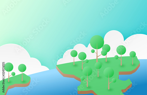 Nature and environment conservation concept background in minimalism style. A tree growing on earth with the sea and sky background. Vector illustration. digital craft paper art. poster, banner.