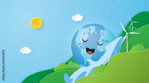 World earth day background concept. Happy globe on water fall in the nature in paper cut style. Vector illustration. Digital craft paper art. wallpaper, backdrop, banner.
