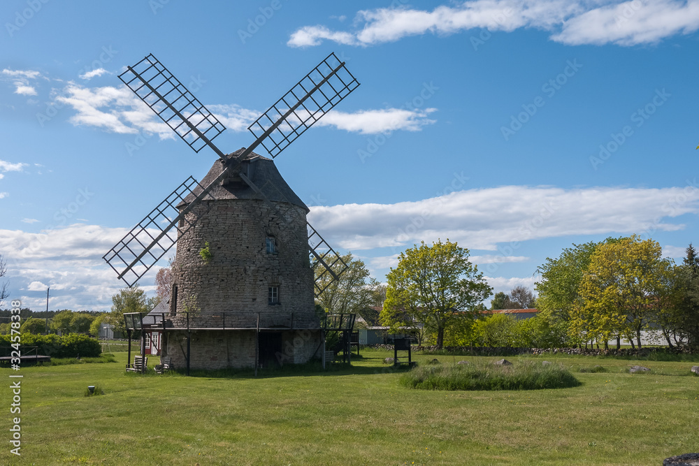 Old stone windmills on the island Oland, Sweden