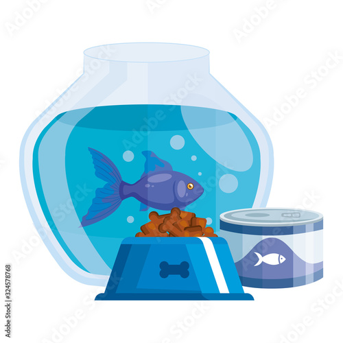 round glass fish bowl with food for fish in can and dish food dog vector illustration design