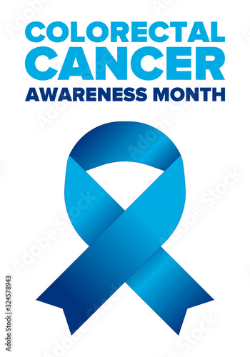 Colorectal Cancer Awareness Month. Celebrate annual in March. Control and protection. Prevention campaign. Medical health care concept. Poster with blue ribbon. Banner, background. Vector illustration