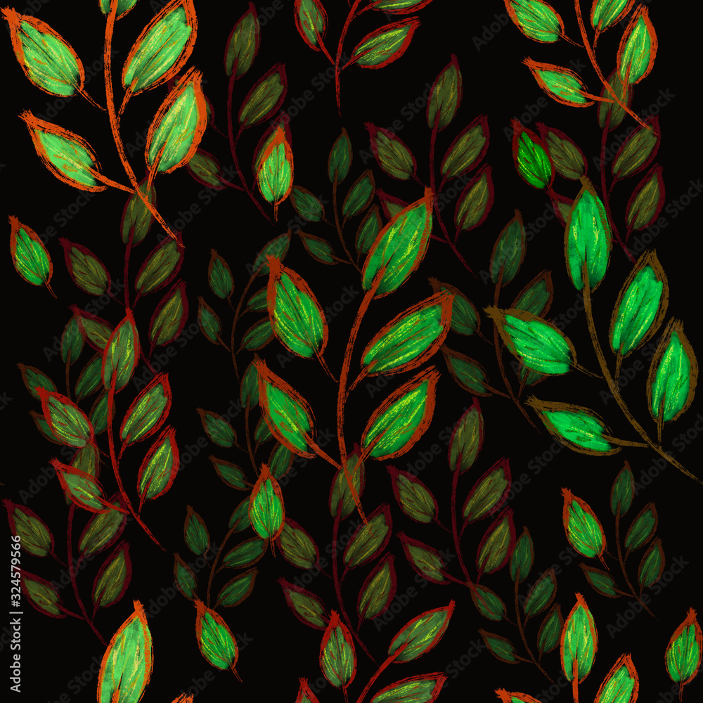 seamless floral pattern with green branches and leaves on black background. Botanical pattern. Spring print. Packaging, wallpaper, textile, fabric design seamless floral pattern with green branches and leaves on black background. Botanical pattern. Spring print. Packaging, wallpaper, textile, fabric design