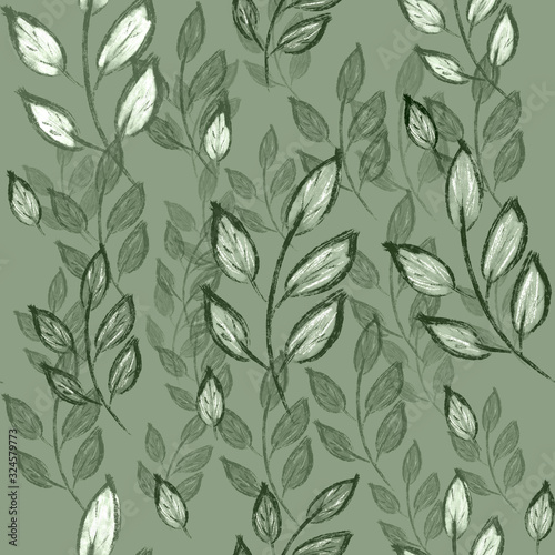 seamless pattern with leaves and branches on green background. Hand drawing. Print  packaging  wallpaper  textile  fabric design