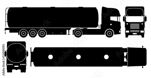 Tanker truck silhouette on white background. Vehicle icons set view from side, front, back, and top
