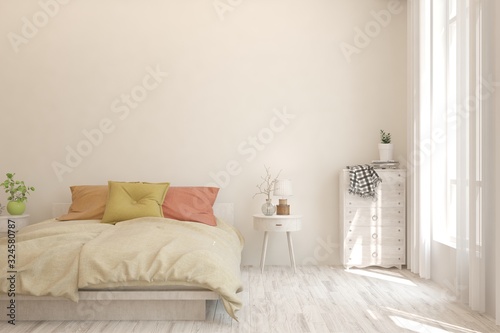 Stylish bedroom in white color. Scandinavian interior design. 3D illustration