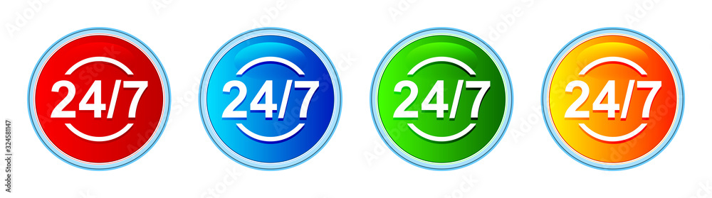 24/7 icon glassy round button set illustration 24/7 icon glassy round button set illustration