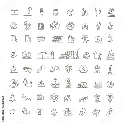 Collection of linear style vector icons on the theme of electric power. Renewable and non-renewable resources
