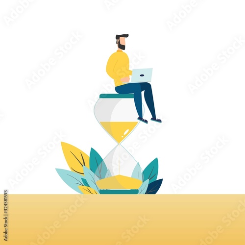 Happy man in formal suit sitting on an hourglass and working on her laptop business process icons and infographics on background. Multitasking, productivity and time management concept. Flat vector.