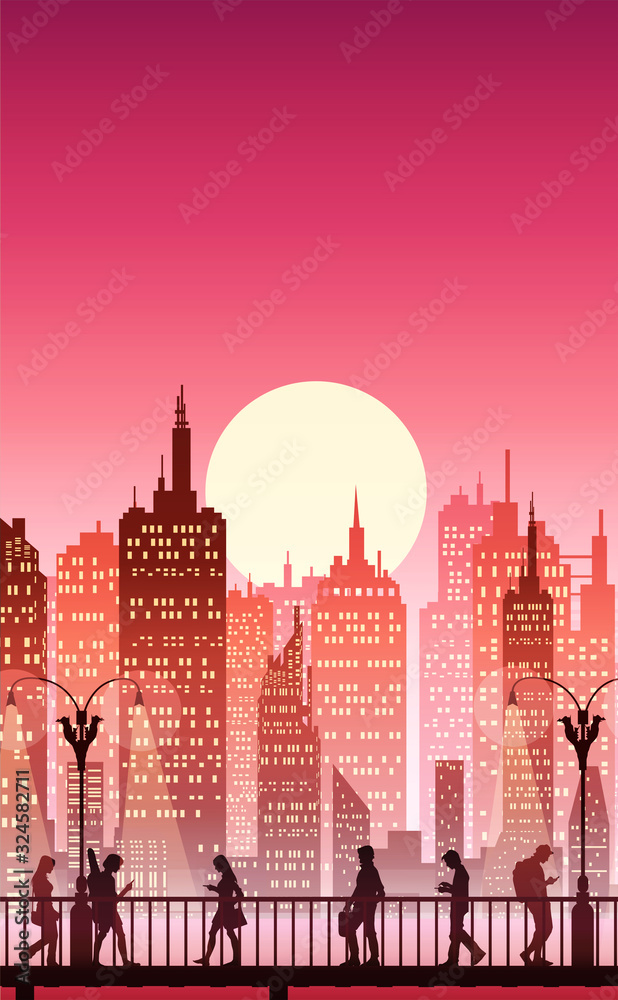 Obraz premium Downtown city wallpaper in the morning and evening landscape wallpaper Illustration vector style Sunlight colorful view background