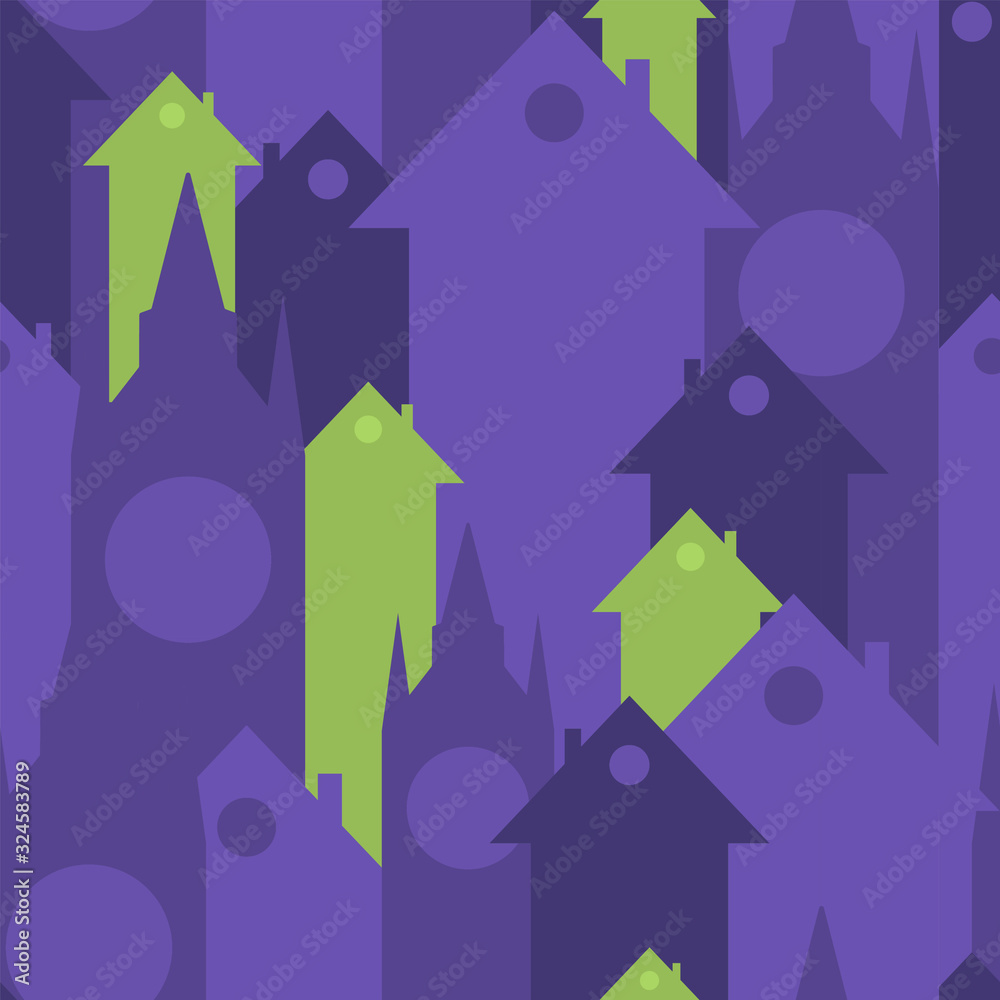 Seamless pattern with houses and towers. Suitable for the background of a travel site, real estate, packaging paper, banner.