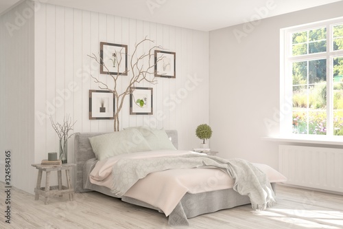 Stylish bedroom in white color with summer landscape in window. Scandinavian interior design. 3D illustration