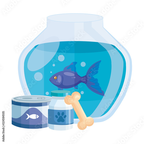 round glass fish bowl with food for fish in can and icons vector illustration design