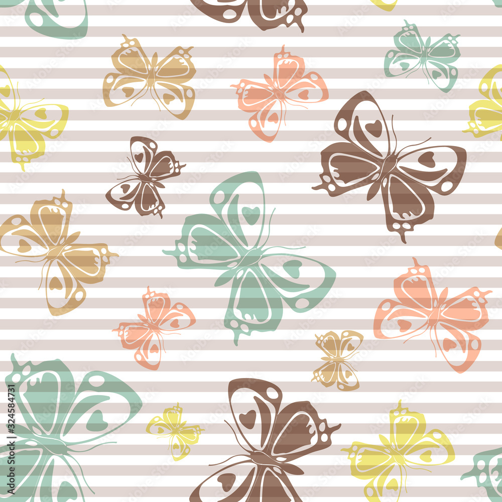 Fototapeta premium Flying butterfly silhouettes over striped background vector seamless pattern.