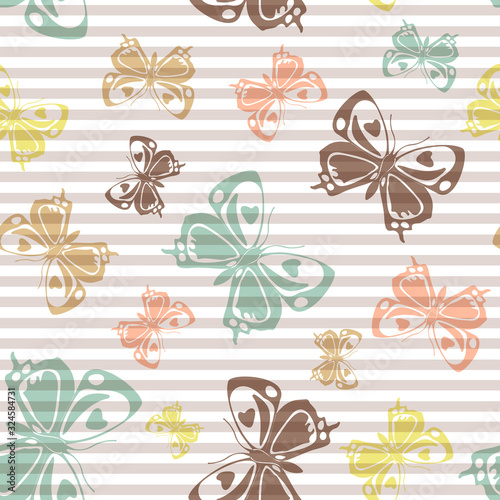 Flying butterfly silhouettes over striped background vector seamless pattern. © SunwArt