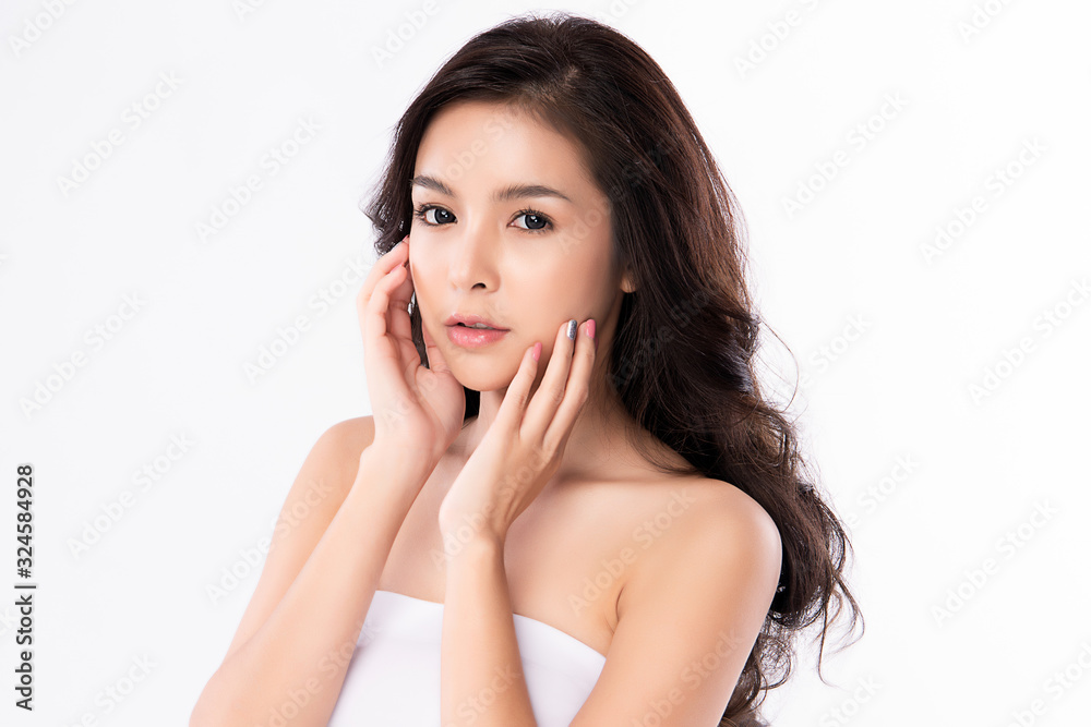 Portrait beautiful young asian woman clean fresh bare skin concept. Asian girl beauty face skincare and health wellness, Facial treatment, Perfect skin, Natural makeup, on white background,two Portrait beautiful young asian woman clean fresh bare skin concept. Asian girl beauty face skincare and health wellness, Facial treatment, Perfect skin, Natural makeup, on white background,two