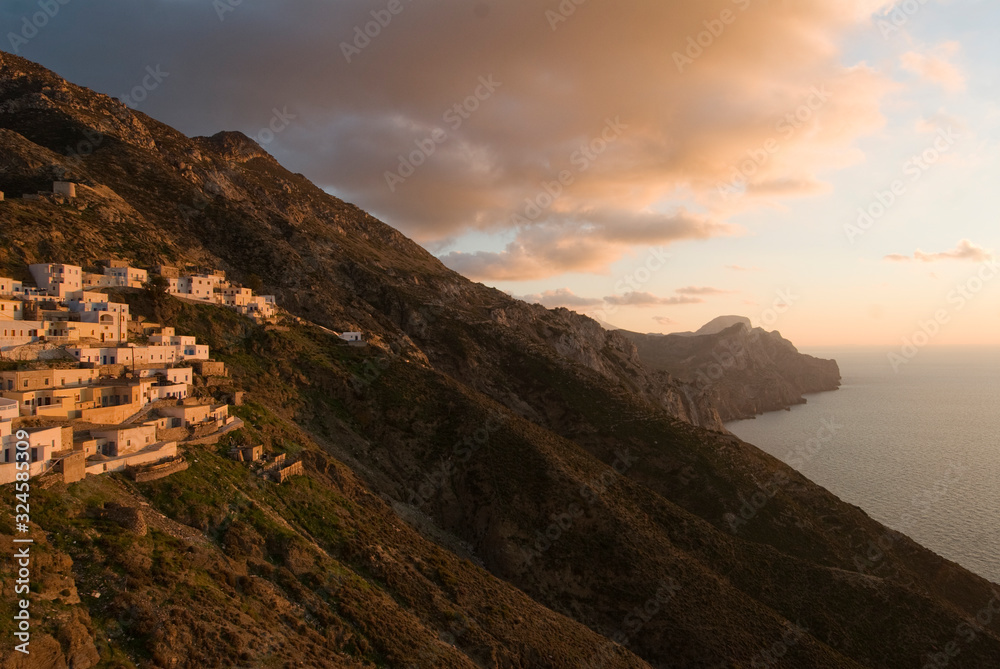 view of the west coast and the village of Olympos in the island of Karpathos in Greece