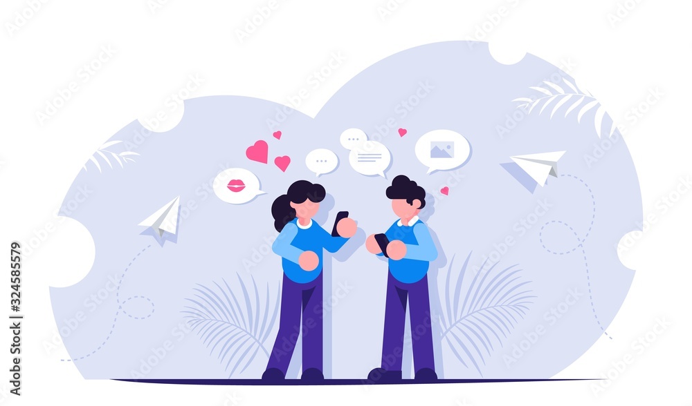 Social media concept. People get messages online or in messengers. Modern way of communication and communication. Flat vector illustration. Social media concept. People get messages online or in messengers. Modern way of communication and communication. Flat vector illustration.