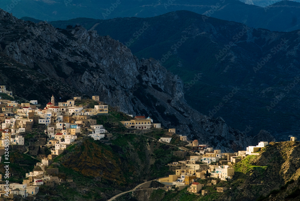 Panoramic view from mount Profitis Ilias over the village of Olympos in the island of Karpathos in Greece