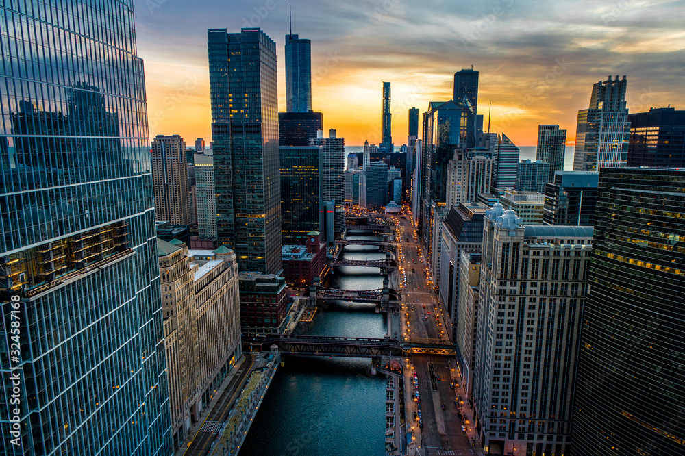 Chicago Skyline & River Sunrise Aerial Photo Stunning Sky - obrazy, fototapety, plakaty 