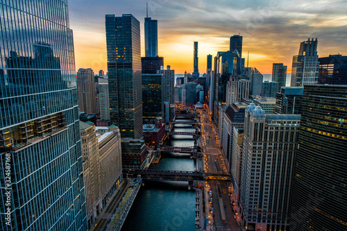 Chicago Skyline & River Sunrise Aerial Photo Stunning Sky