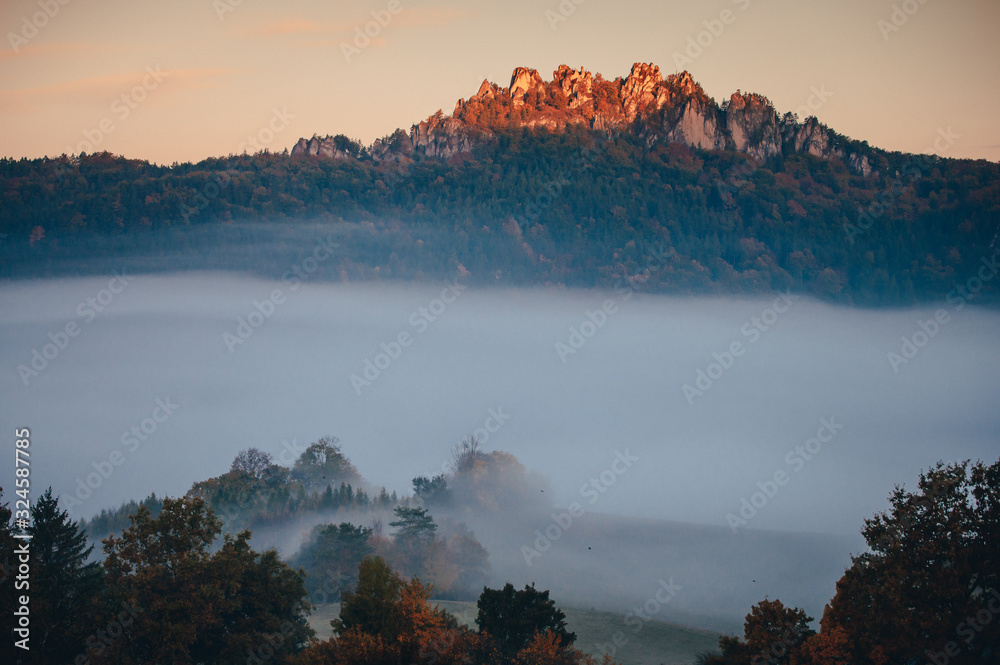 Sulov Rocks in Autumn mist, beautiful nature scenery, Slovakia.
