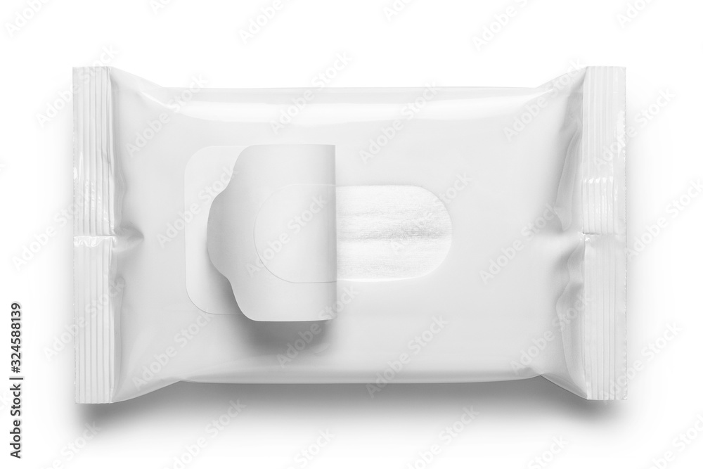 Blank wet wipes flow pack, isolated on white background Blank wet wipes flow pack, isolated on white background