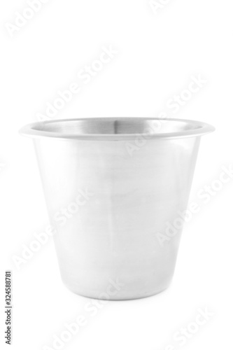 Empty metal bucket for ice isolated on white
