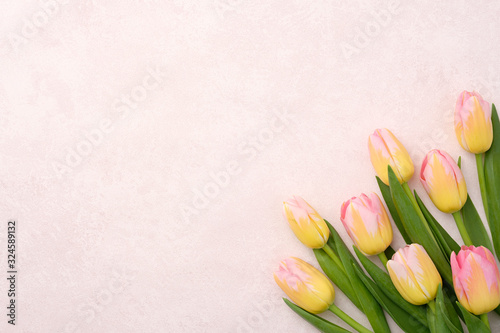 Fototapeta Naklejka Na Ścianę i Meble -  A bouquet of pink and yellow tulips on a background with copy space.