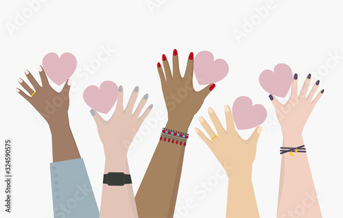Volunteer hands holding hearts vector. Charity and donation concept illustration.