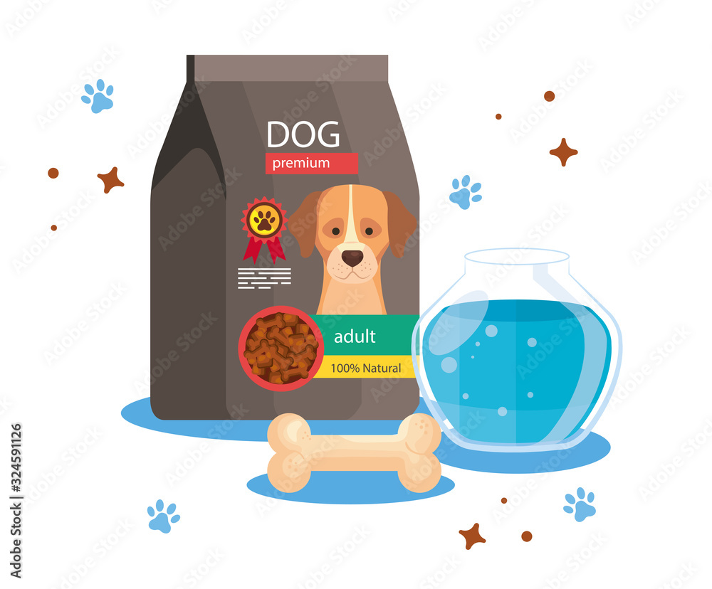 Plakat food for dog in bag with round glass fish bowl and bone vector illustration design