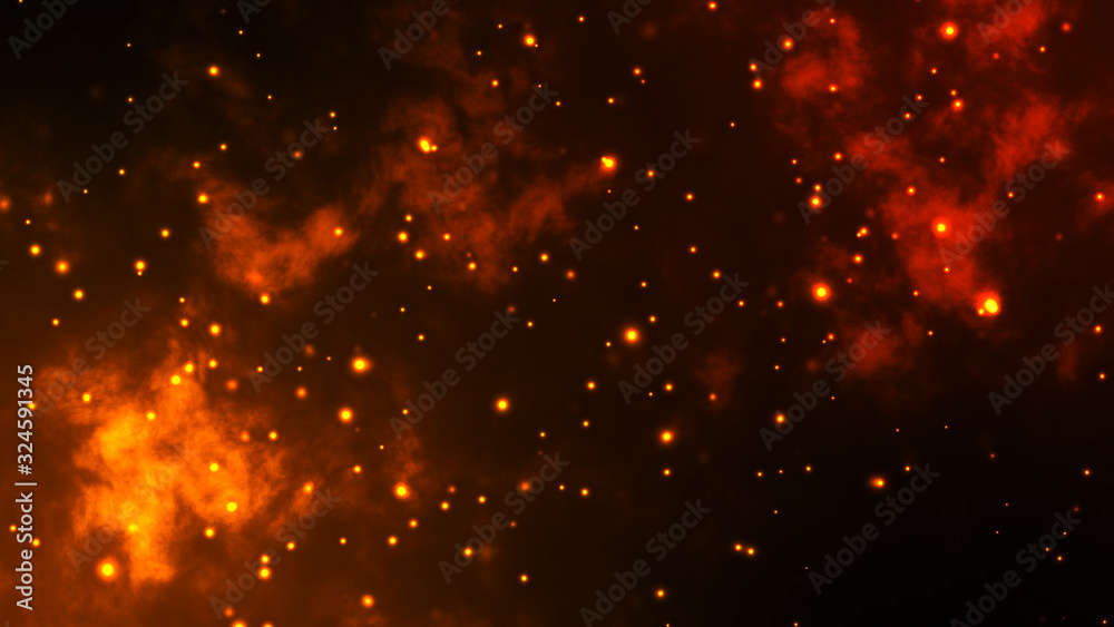 gold particles abstract background with shining golden Floating Dust Particles Bokeh star on Dark sky and clouds Background texture. Futuristic glittering flickering in space.