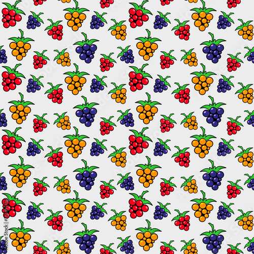 Seamless pattern of colorful berries of different sizes. Blackberries, raspberries and bramble on a grey background. Vector design template for wallpaper, wrapping paper, packaging, wrapper and print