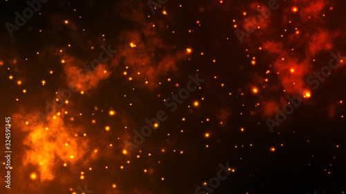 gold particles abstract background with shining golden Floating Dust Particles Bokeh star on Dark sky and clouds Background texture. Futuristic glittering flickering in space.