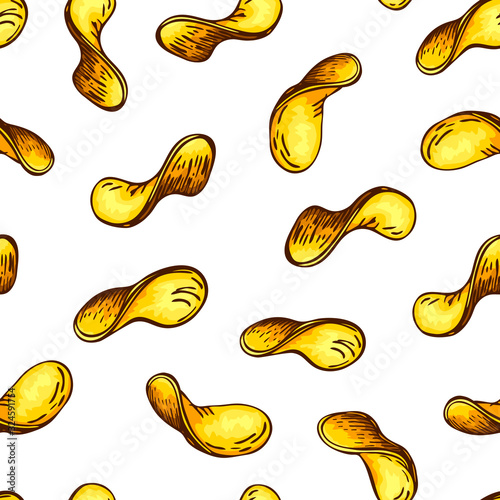 seamless fried potato chips pattern. vector sketch of crunchy delicious potato crisps slices isolated on white. engraved vintage bar food background. beer appetizer. great for package design.
