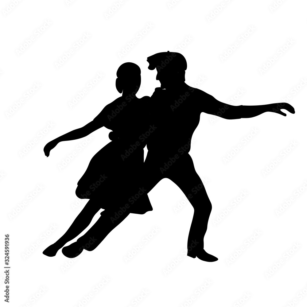 Silhouette dancers isolated on white background. Man and woman dancing Lindy hop or Swing. People characters performing dance at school or party. Couple without face vector illustration. 