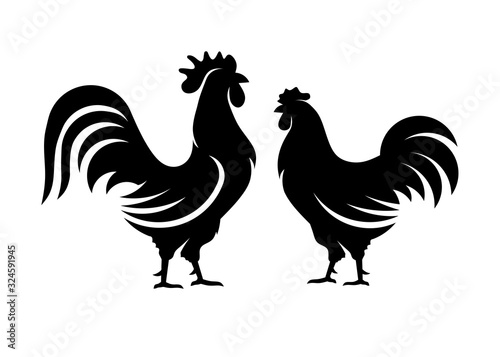 Billede på lærred rooster and hen vector silhouette,vector images isolated on white background, fl