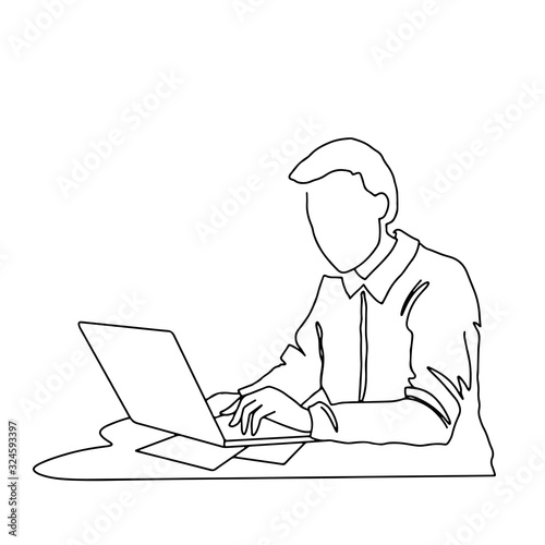 Young man sitting with computer. Freelance worker, businessman character concept.
