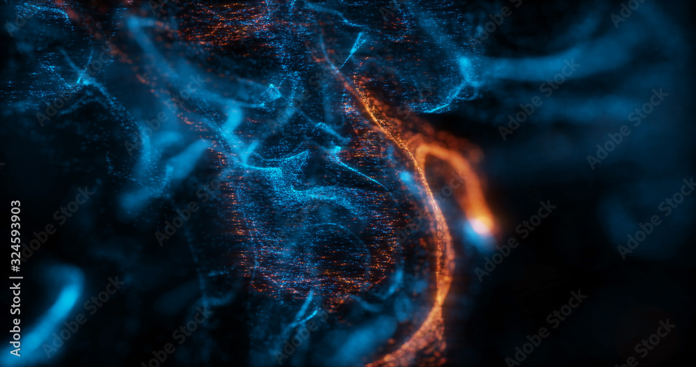 Fototapeta Abstract Macro shot of Blue and Orange Particle Fluid isolated on black. paint drops mixing in water. Ink swirling underwater. Colored cloud abstract smoke explosion animation. 3D render