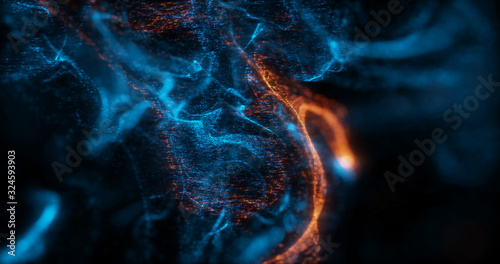 Abstract Macro shot of Blue and Orange Particle Fluid isolated on black. paint drops mixing in water. Ink swirling underwater. Colored cloud abstract smoke explosion animation. 3D render 